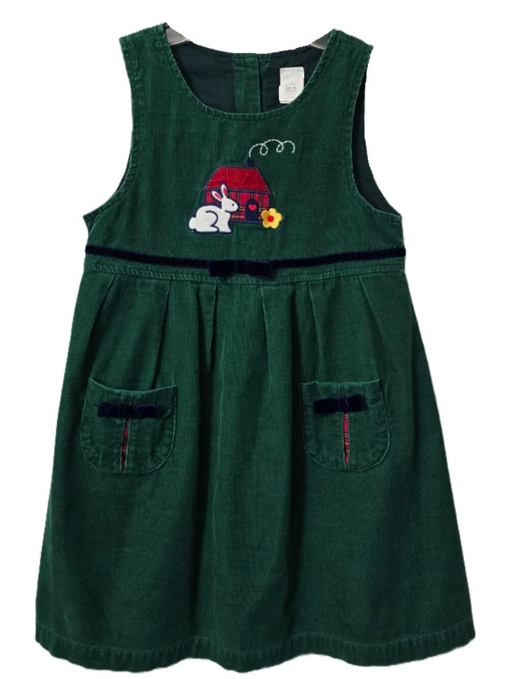 Vintage Corduroy Jumper School Dress 6 6X Girls Pockets Rabbit Green BTS 90s Y2K